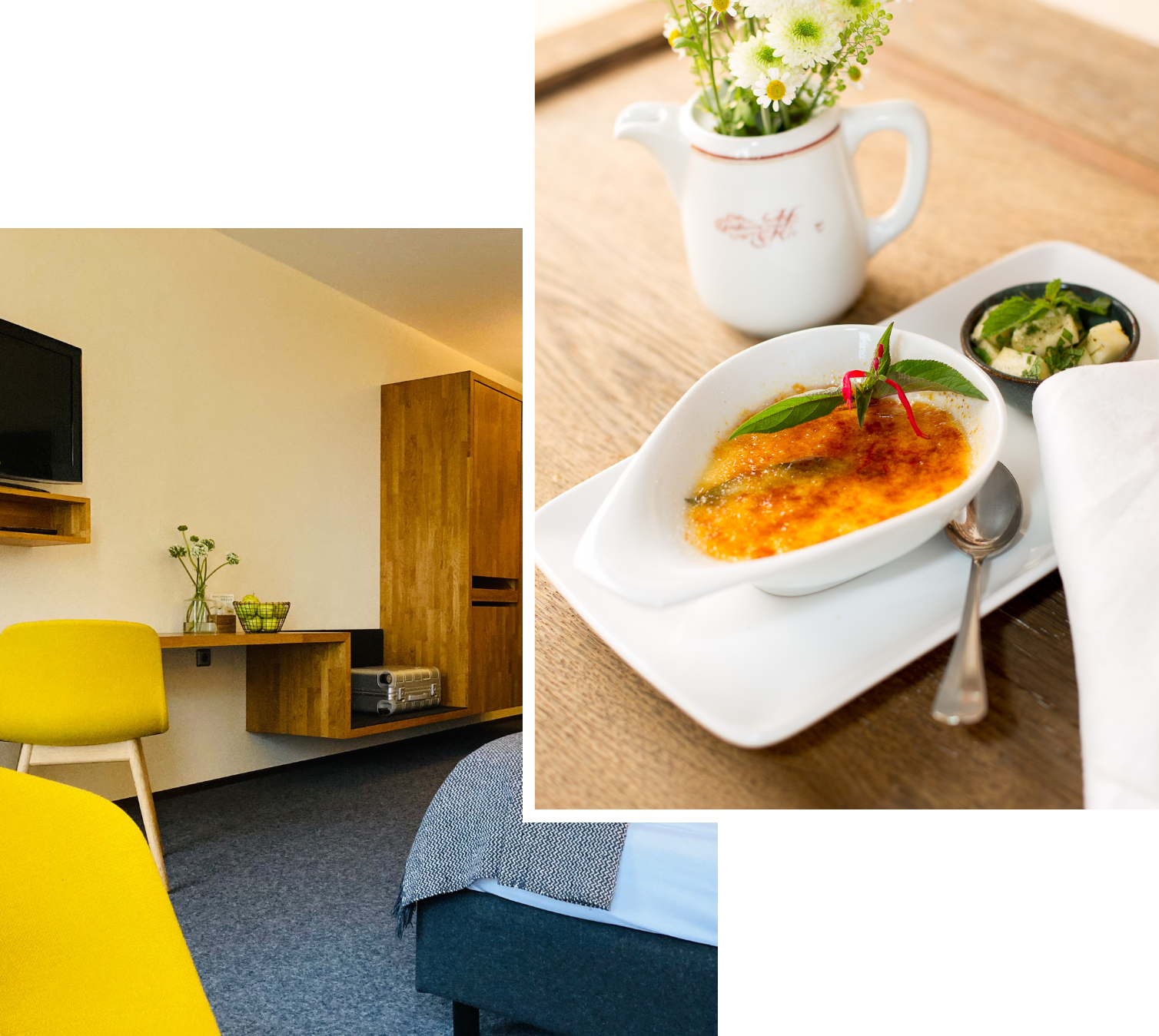 Collage aus Hotelzimmer, Frühstück und schwäbischem Gericht im Hotel-Landgasthof KREUZ